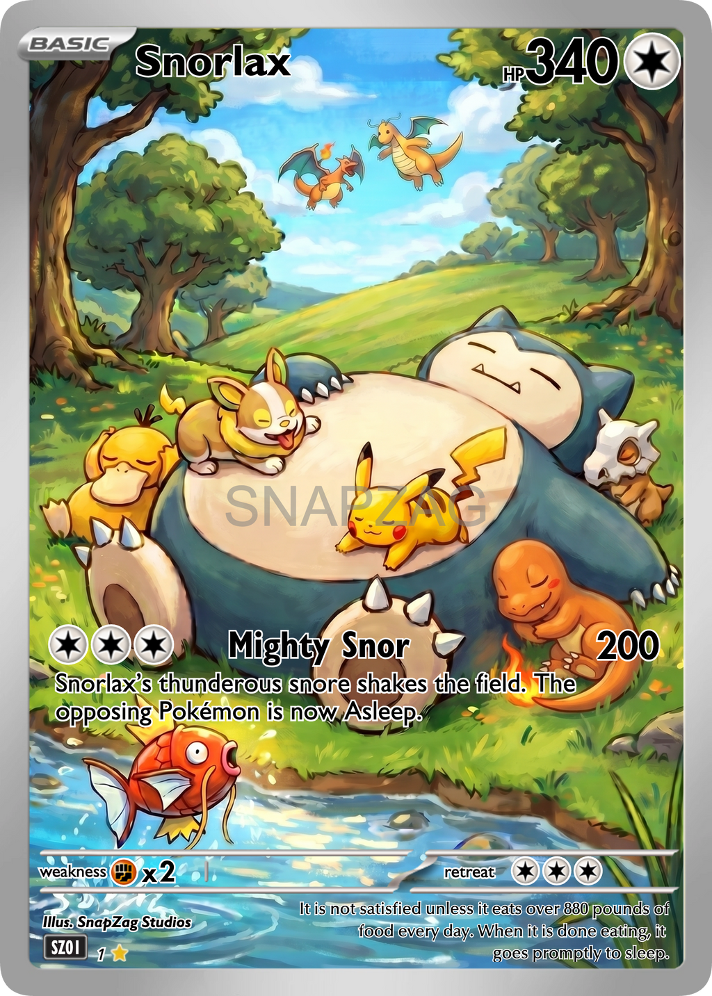 Custom Snorlax "Mighty Snor" Custom Illustration Rare 01/100 SnapZag Fan Art