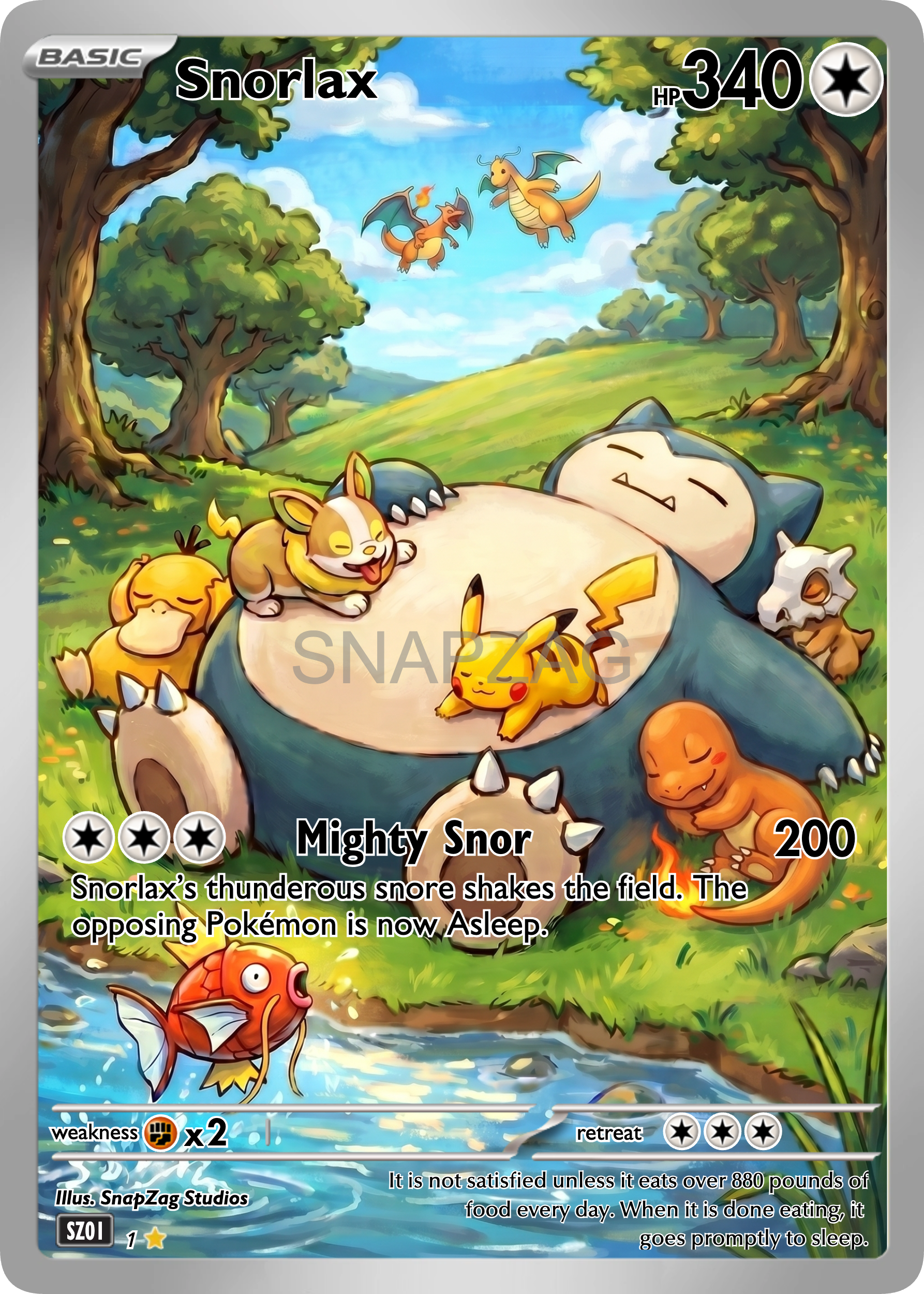 Custom Snorlax "Mighty Snor" Custom Illustration Rare 01/100 SnapZag Fan Art