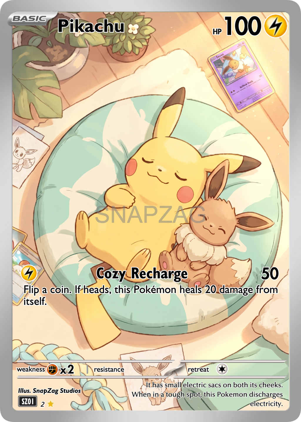 Custom Pikachu and Eevee "Cozy Recharge" Custom Illustration Rare 02/100 SnapZag Fan Art