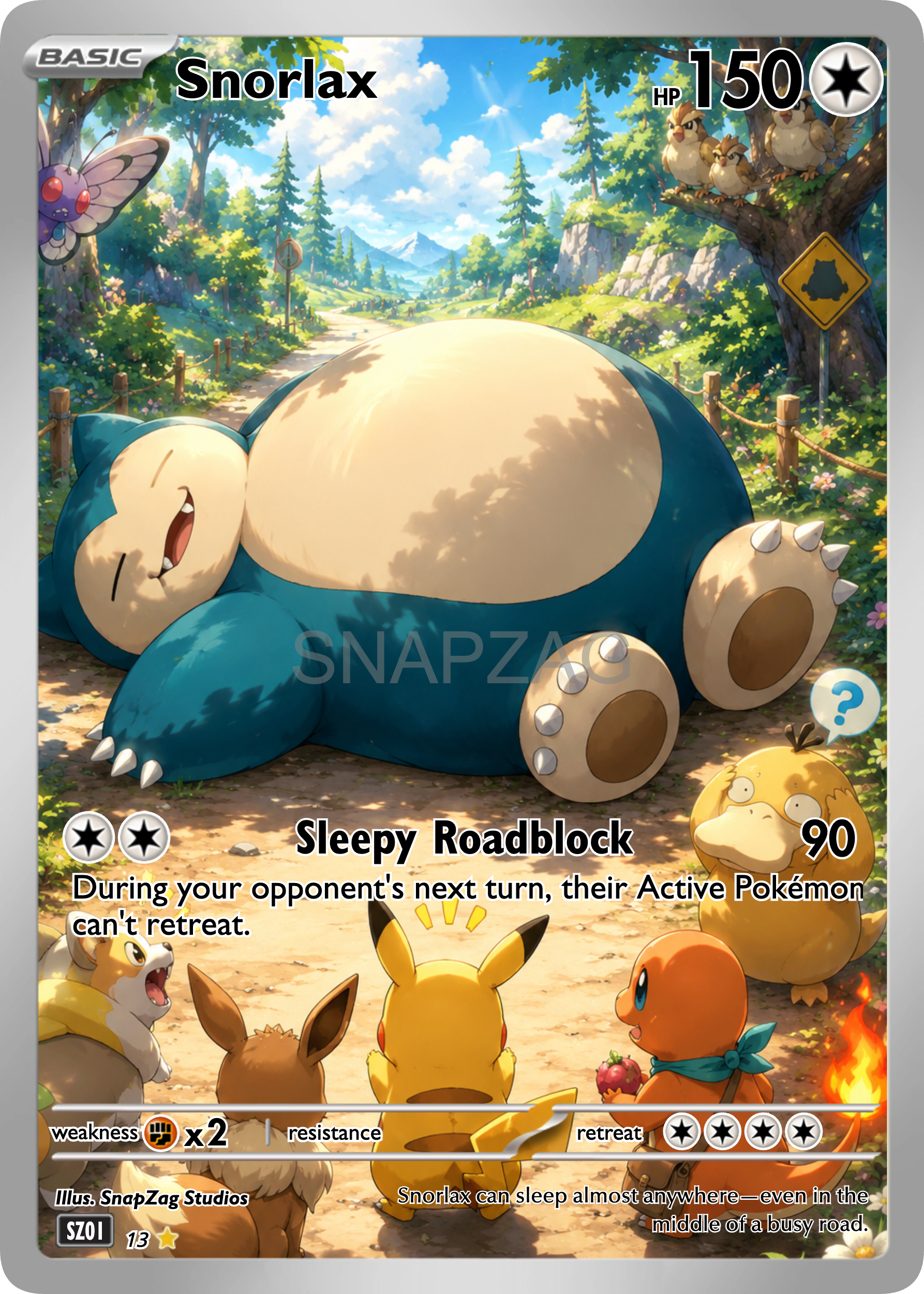 Snorlax “Sleepy Roadblock” Custom Holographic Illustration Rare 13/100 SnapZag Fan Art